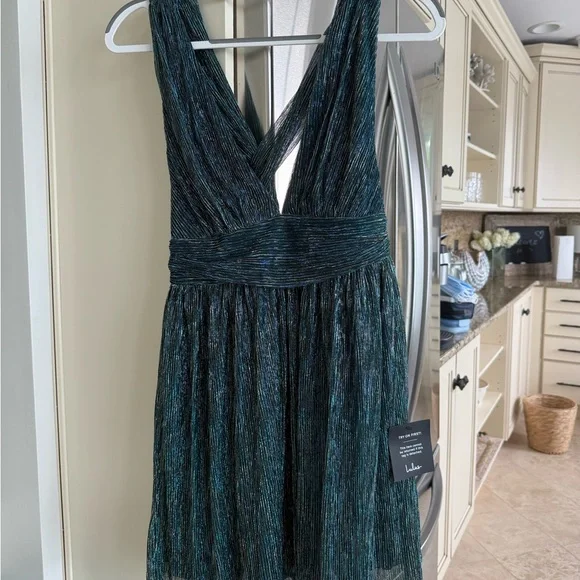 ailey gold and teal blue skater dress Ava Presley 28270 Scuba Dress with Puff Sleeves main image 0